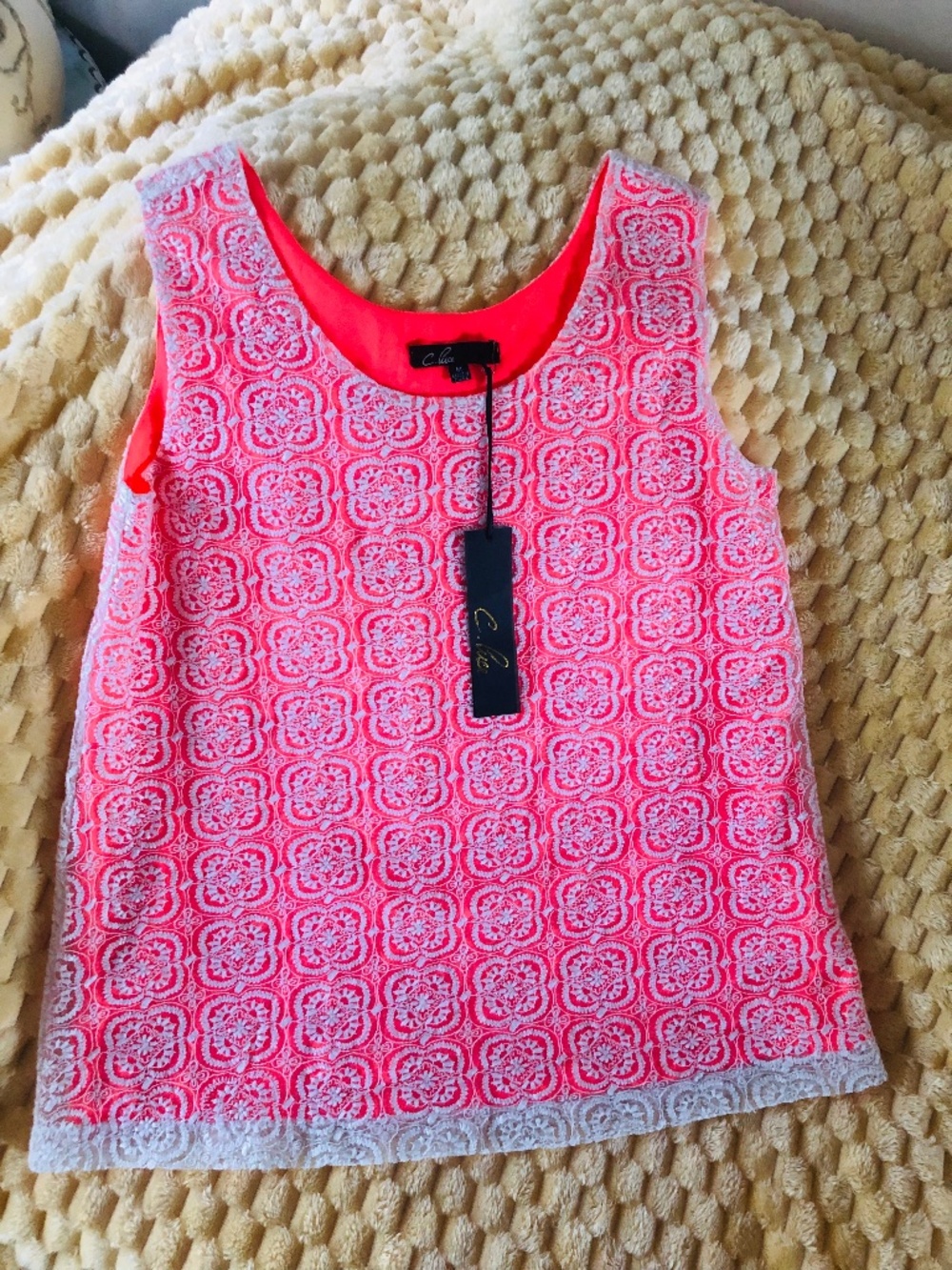 NWT C Luce Lace & Coral Sleeveless Top in Summer Vibes SZ M
